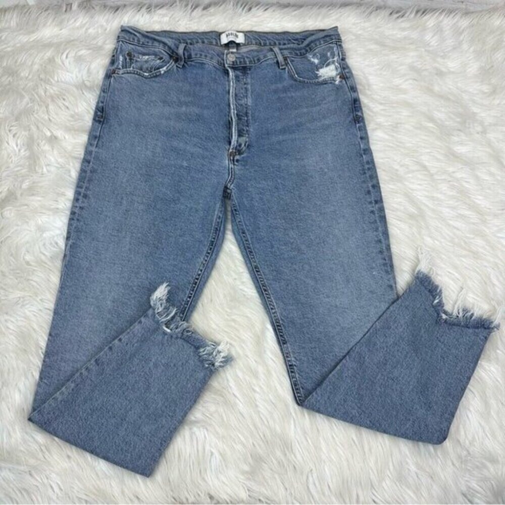 Agolde Womens Nico High Rise Slim Jeans 32 Blue Distressed Raw Hem